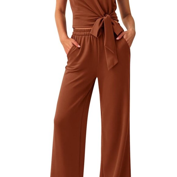Tie Front Crop Top Wide Leg Pants Lounge Set Soft Stretchy Comfortable